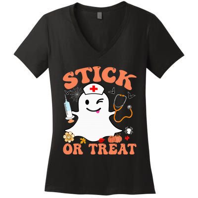 Stick Or Treat Nurse Funny Halloween Costume Women's V-Neck T-Shirt