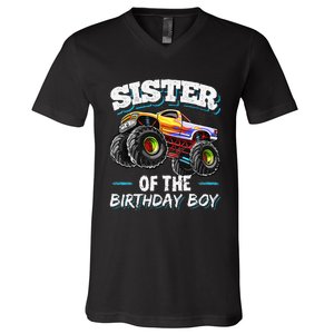 Sister of the Birthday Monster Truck Birthday Party V-Neck T-Shirt