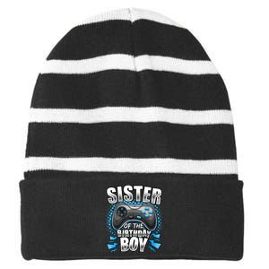 Sister Of The Birthday Boy Matching Video Game Birthday Striped Beanie with Solid Band