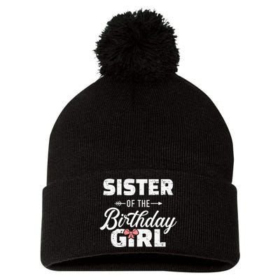 Sister of the birthday daughter matching family Pom Pom 12in Knit Beanie