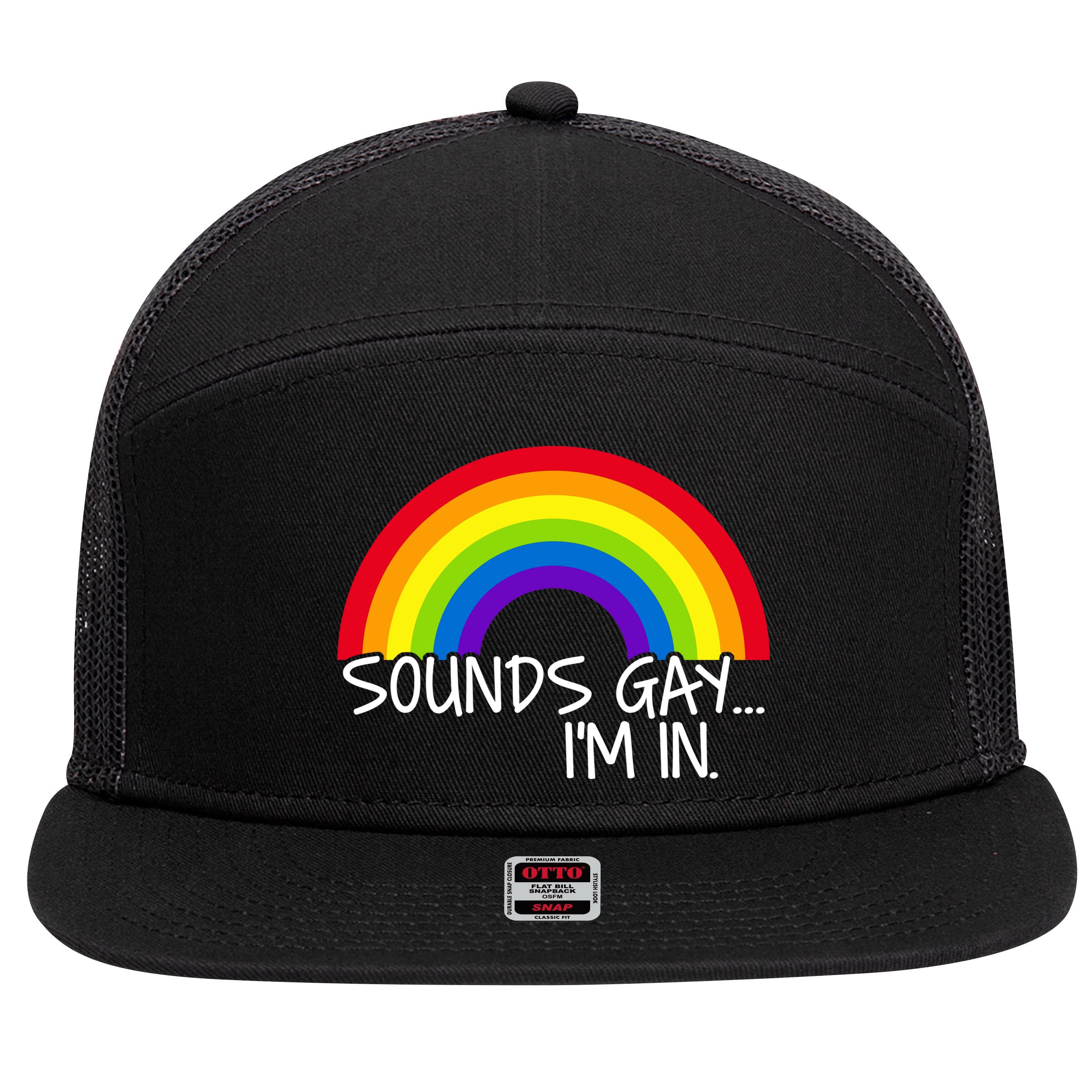 Sounds Gay I'm In Funny LGBT 7 Panel Mesh Trucker Snapback Hat