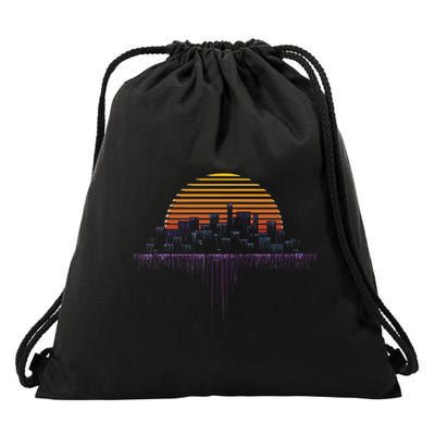 Synthwave Outrun Vaporwave City Sunset Aesthetic Drawstring Bag