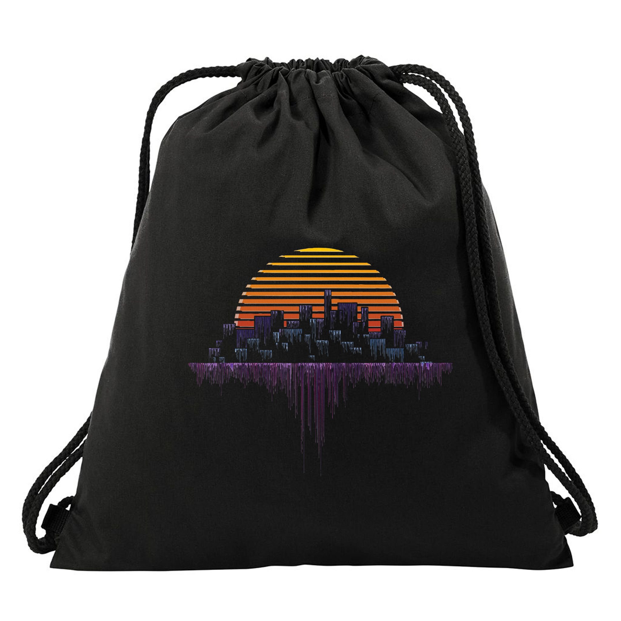 Synthwave Outrun Vaporwave City Sunset Aesthetic Drawstring Bag