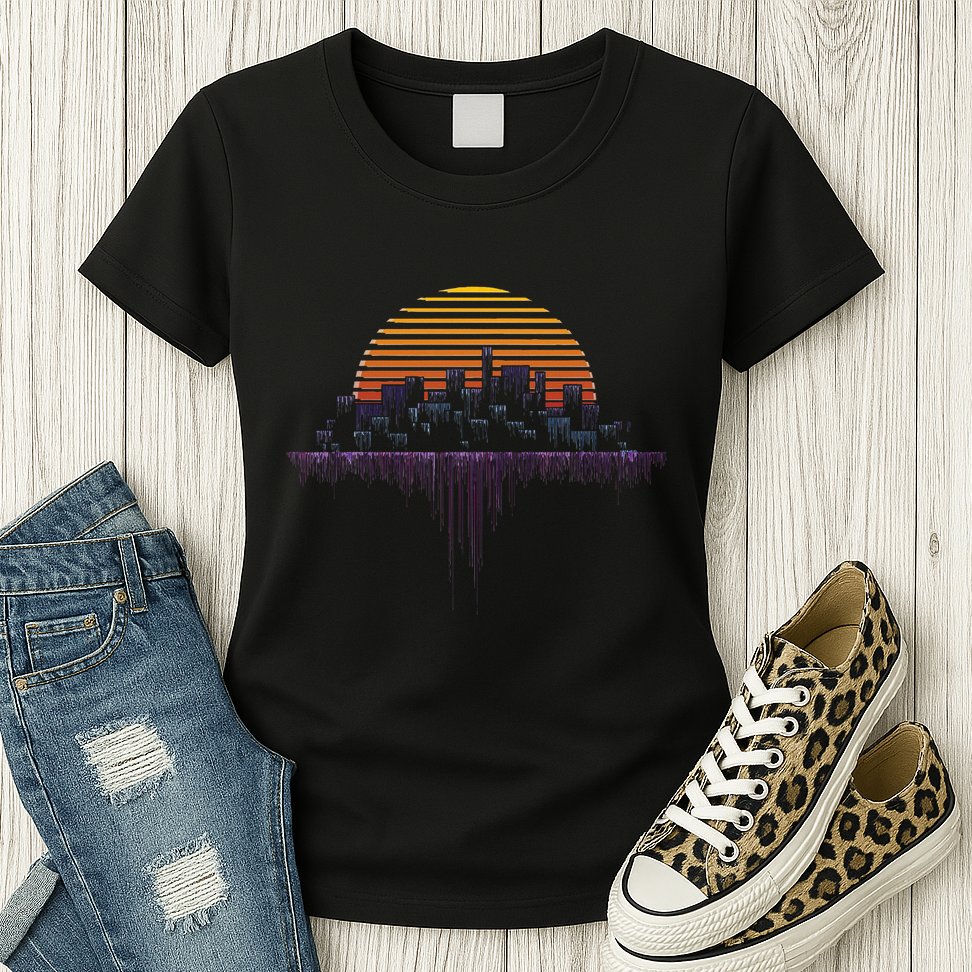 Synthwave Outrun Vaporwave City Sunset Aesthetic Womens T-Shirt
