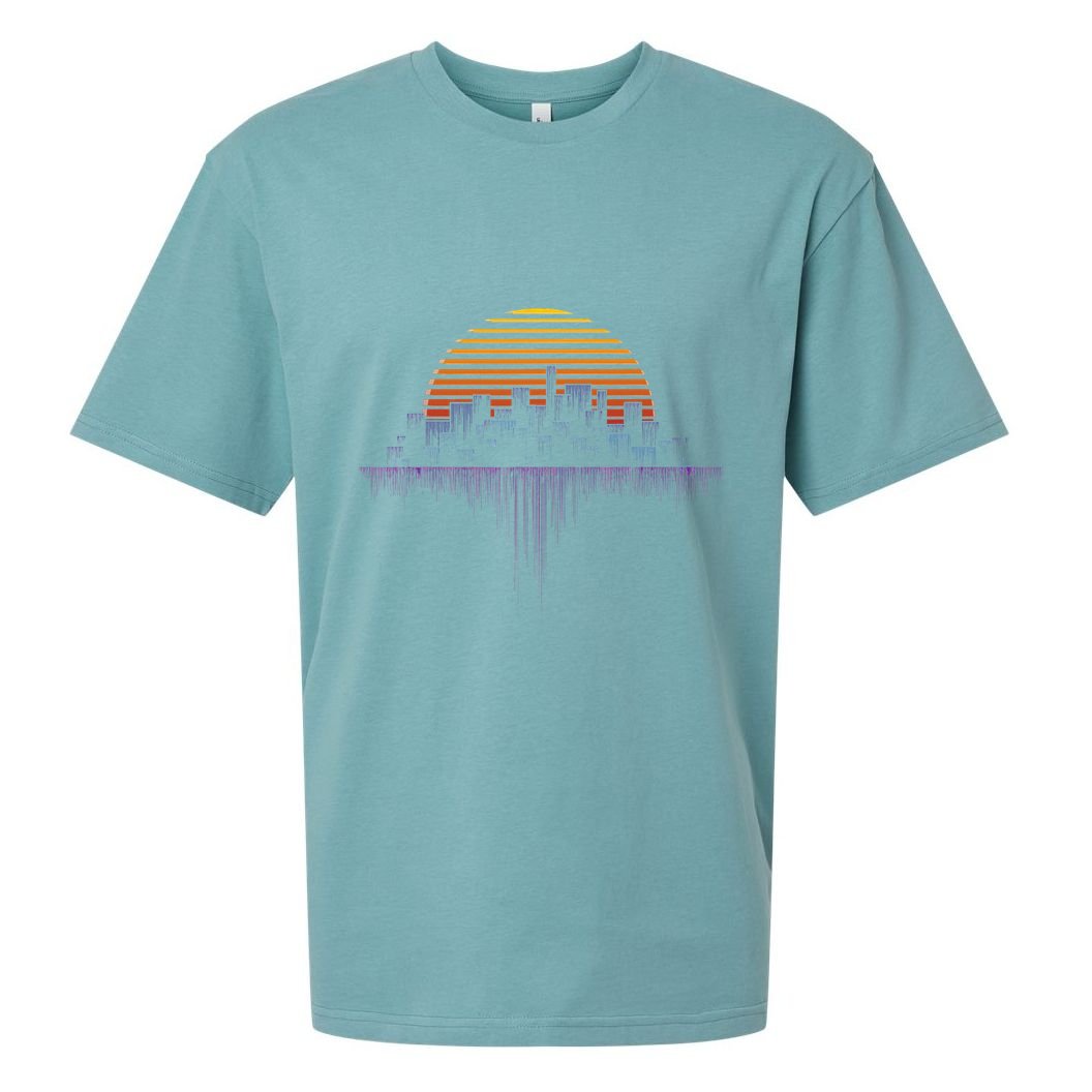 Synthwave Outrun Vaporwave City Sunset Aesthetic Sueded Cloud Jersey T-Shirt
