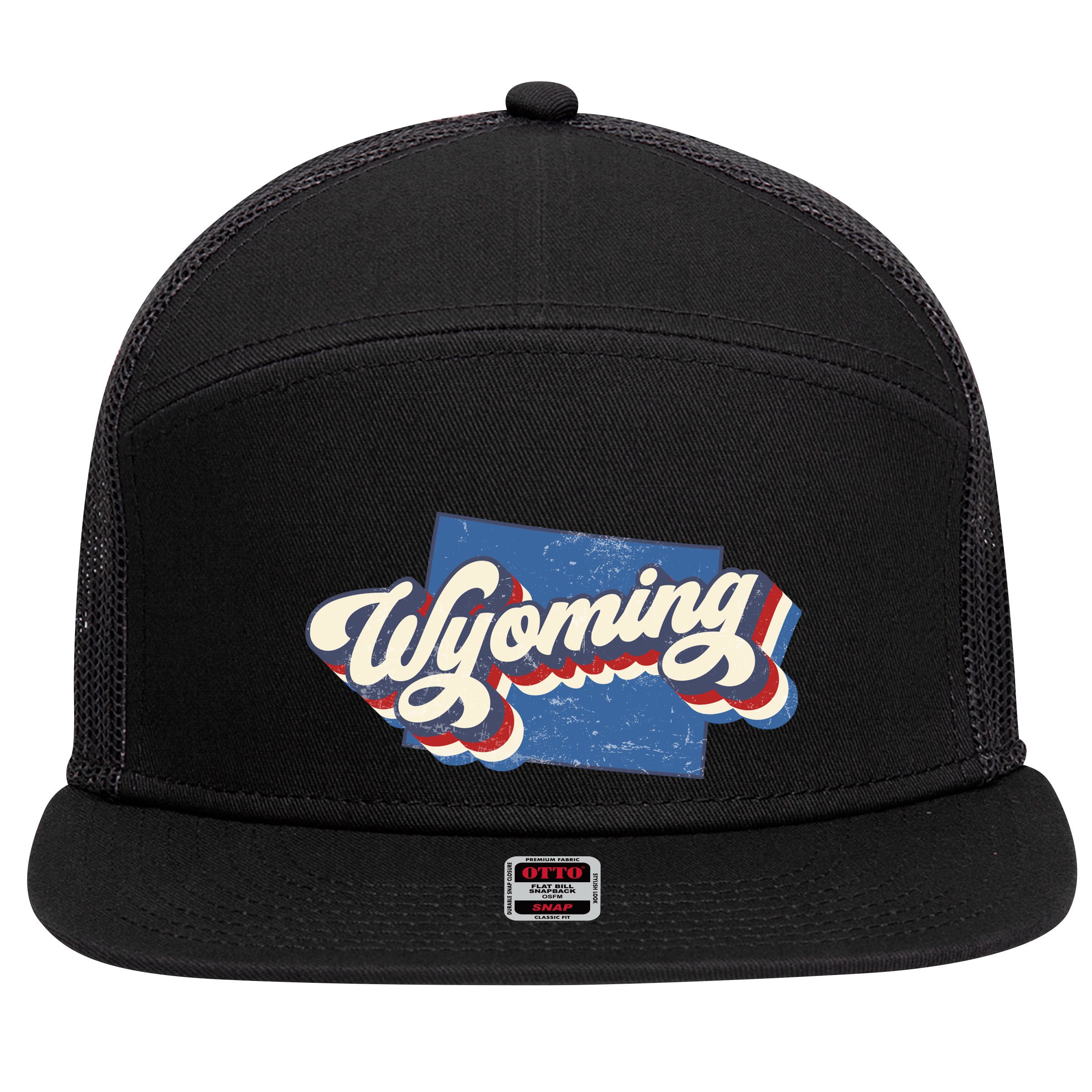 State Of Wyoming Retro Logo 7 Panel Mesh Trucker Snapback Hat