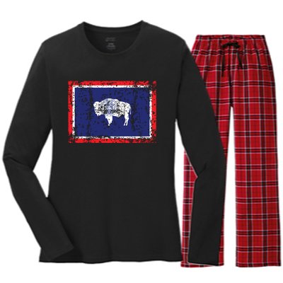 State Of Wyoming Flag Vintage Women's Long Sleeve Flannel Pajama Set 