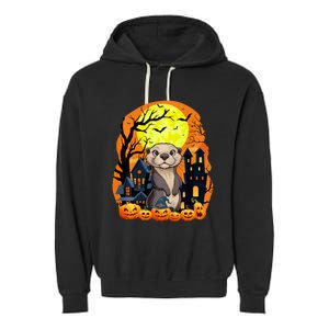 Sea Otter With Pumpkins Funny Scary Halloween Party Garment-Dyed Fleece Hoodie