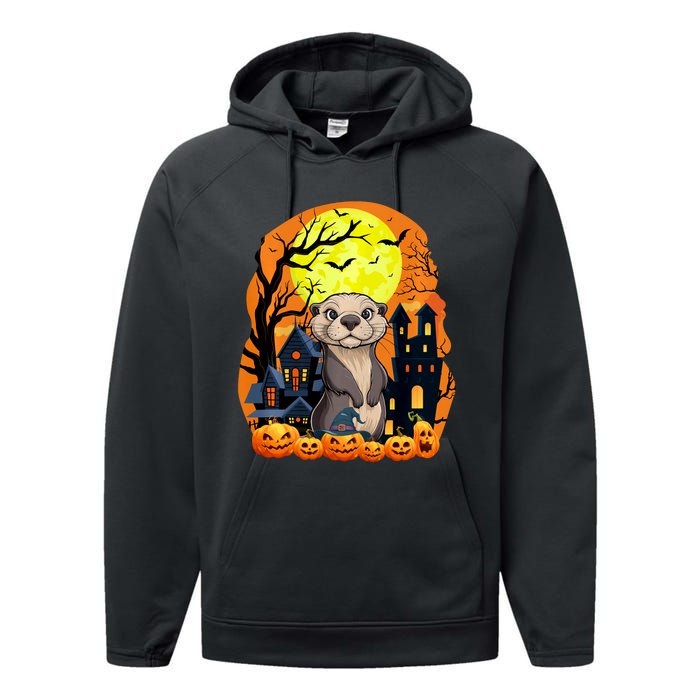 Sea Otter With Pumpkins Funny Scary Halloween Party Performance Fleece Hoodie