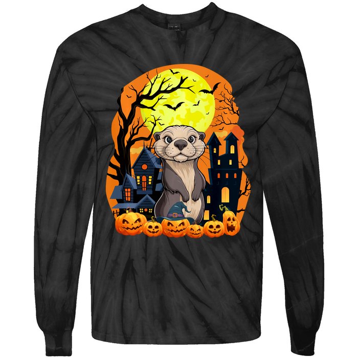 Sea Otter With Pumpkins Funny Scary Halloween Party Tie-Dye Long Sleeve Shirt