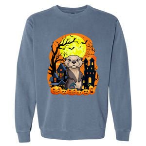 Sea Otter With Pumpkins Funny Scary Halloween Party Garment-Dyed Sweatshirt