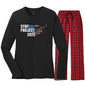 Stop Project 2025 Anti Trump American Flag Women's Long Sleeve Flannel Pajama Set 