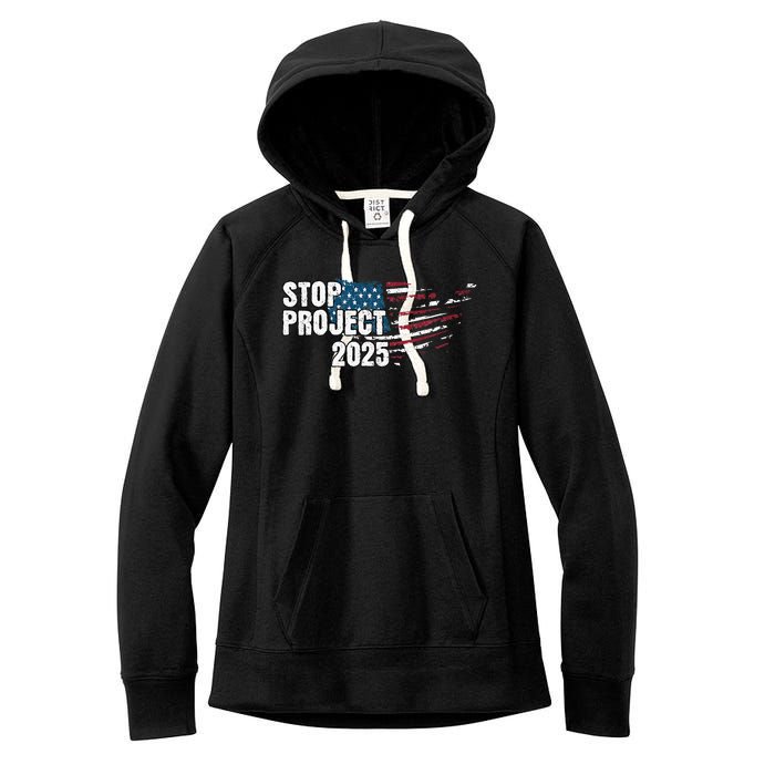 Stop Project 2025 Anti Trump American Flag Women's Fleece Hoodie