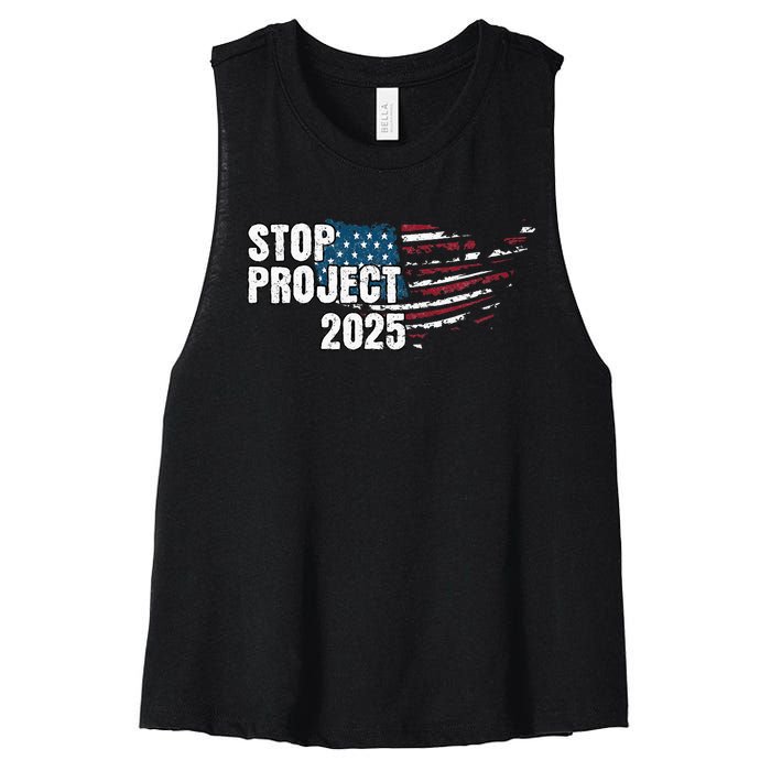 Stop Project 2025 Anti Trump American Flag Women's Racerback Cropped Tank