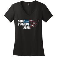 Stop Project 2025 Anti Trump American Flag Women's V-Neck T-Shirt