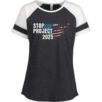 Stop Project 2025 Anti Trump American Flag Enza Ladies Jersey Colorblock Tee