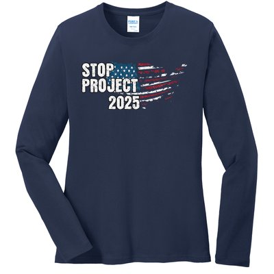 Stop Project 2025 Anti Trump American Flag Ladies Long Sleeve Shirt