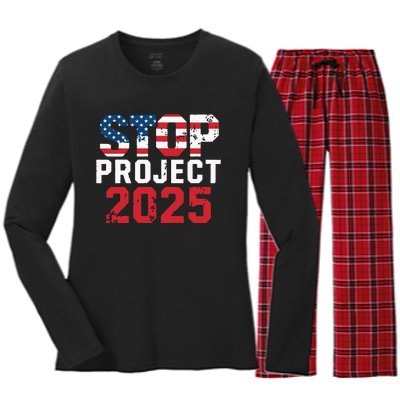 Stop Project 2025 Anti Trump Political Statement Women's Long Sleeve Flannel Pajama Set 