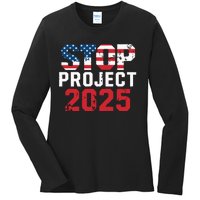 Stop Project 2025 Anti Trump Political Statement Ladies Long Sleeve Shirt