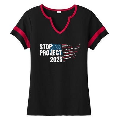 Stop Project 2025 Anti Trump American Flag Ladies Halftime Notch Neck Tee