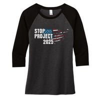 Stop Project 2025 Anti Trump American Flag Women's Tri-Blend 3/4-Sleeve Raglan Shirt