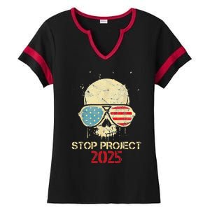 Stop Project 2025 Skull American Us Flag Ladies Halftime Notch Neck Tee