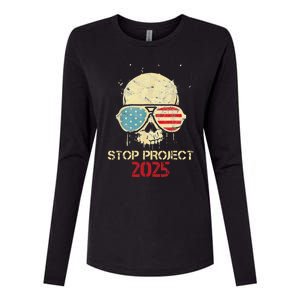 Stop Project 2025 Skull American Us Flag Womens Cotton Relaxed Long Sleeve T-Shirt