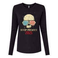 Stop Project 2025 Skull American Us Flag Womens Cotton Relaxed Long Sleeve T-Shirt