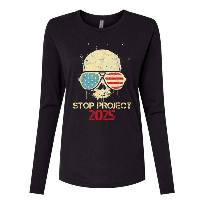 Stop Project 2025 Skull American Us Flag Womens Cotton Relaxed Long Sleeve T-Shirt