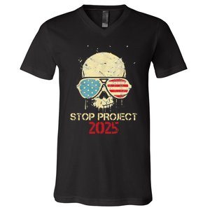 Stop Project 2025 Skull American Us Flag V-Neck T-Shirt