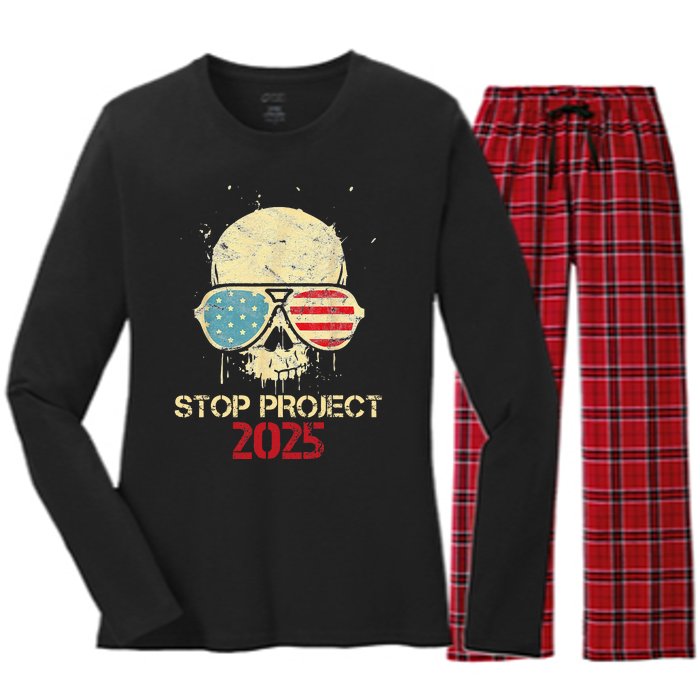 Stop Project 2025 Skull American Us Flag Women's Long Sleeve Flannel Pajama Set 