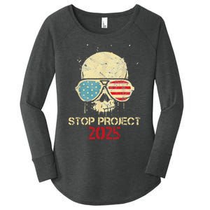 Stop Project 2025 Skull American Us Flag Women's Perfect Tri Tunic Long Sleeve Shirt