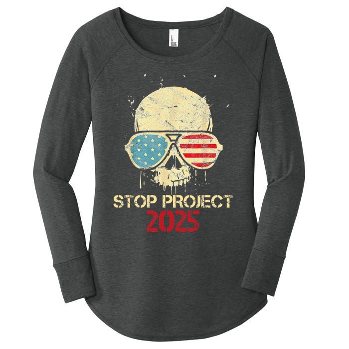 Stop Project 2025 Skull American Us Flag Women's Perfect Tri Tunic Long Sleeve Shirt