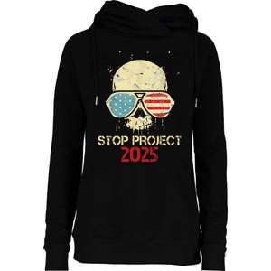 Stop Project 2025 Skull American Us Flag Womens Funnel Neck Pullover Hood