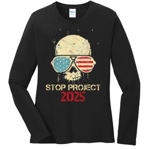 Stop Project 2025 Skull American Us Flag Ladies Long Sleeve Shirt