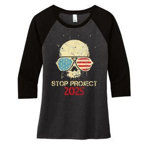 Stop Project 2025 Skull American Us Flag Women's Tri-Blend 3/4-Sleeve Raglan Shirt