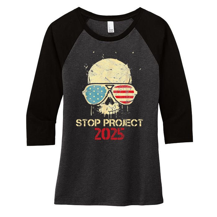 Stop Project 2025 Skull American Us Flag Women's Tri-Blend 3/4-Sleeve Raglan Shirt