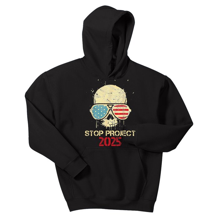 Stop Project 2025 Skull American Us Flag Kids Hoodie