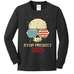 Stop Project 2025 Skull American Us Flag Kids Long Sleeve Shirt