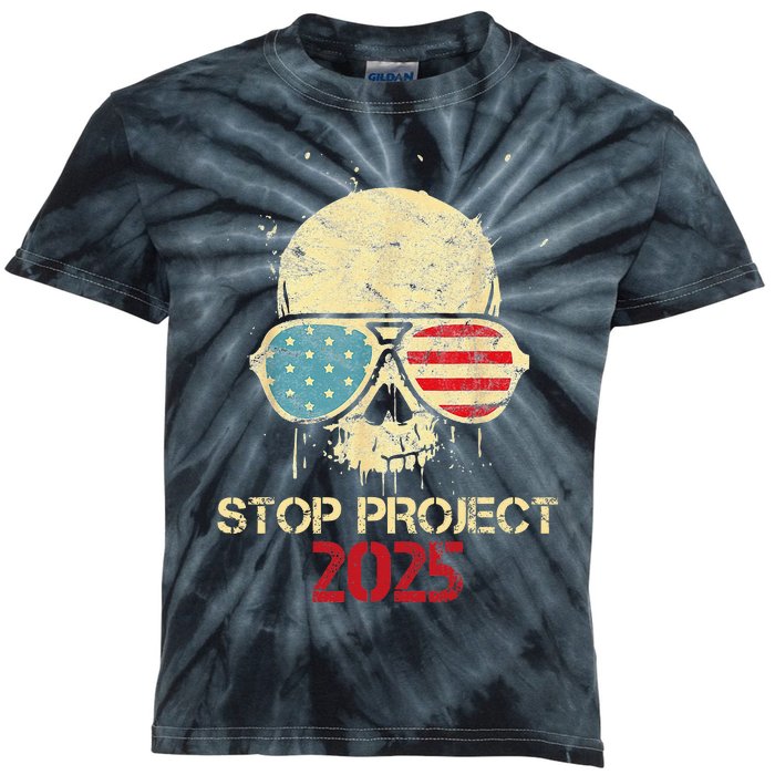 Stop Project 2025 Skull American Us Flag Kids Tie-Dye T-Shirt