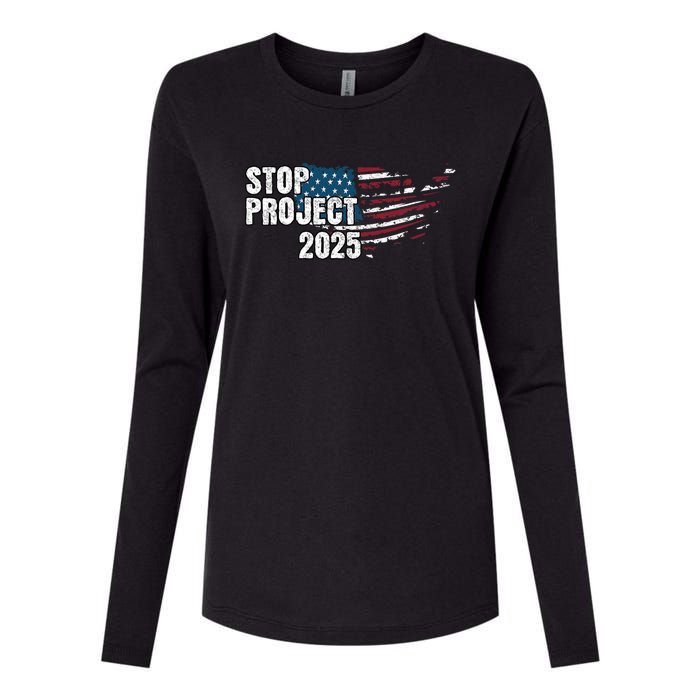 Stop Project 2025 Anti Trump American Flag Womens Cotton Relaxed Long Sleeve T-Shirt