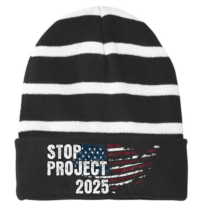 Stop Project 2025 Anti Trump Flag Striped Beanie with Solid Band