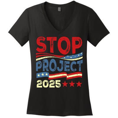 Stop Project 2025 Anti Trump Usa Flag Political Women's V-Neck T-Shirt