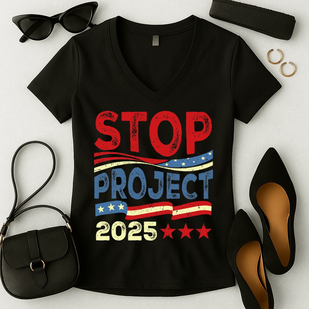 Stop Project 2025 Anti Trump Usa Flag Political Women's V-Neck T-Shirt