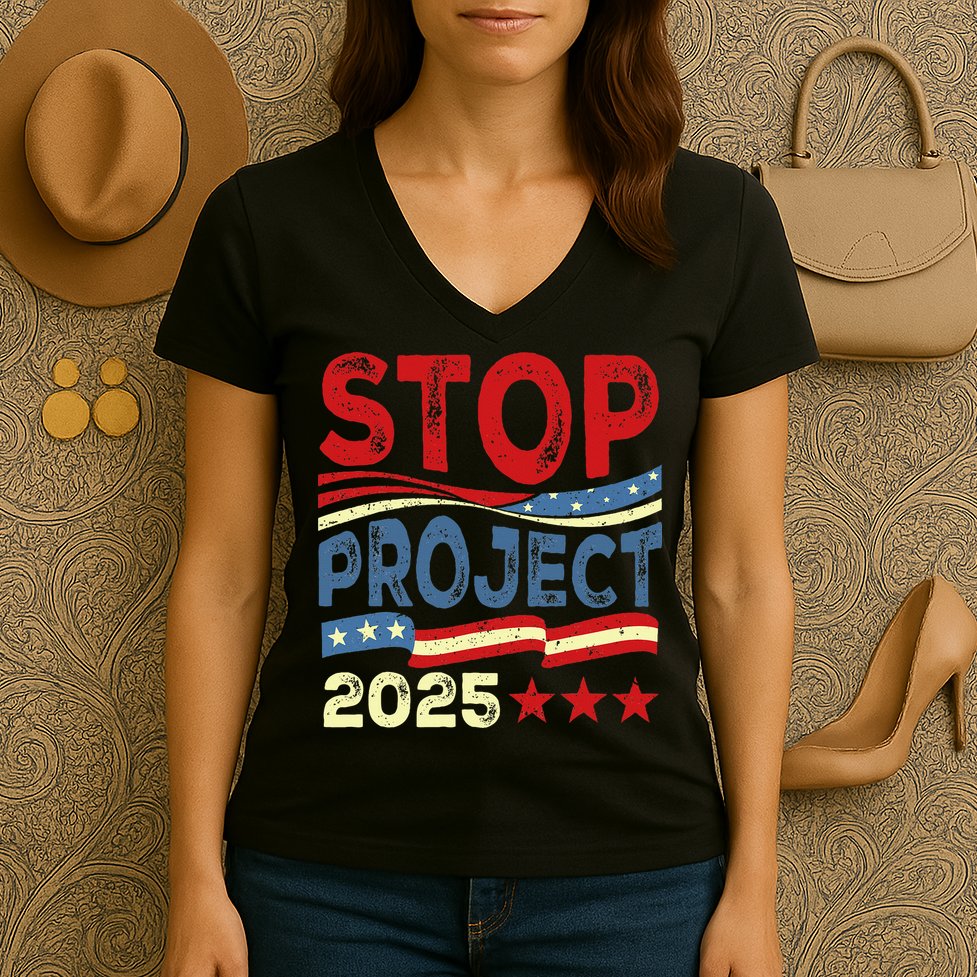 Stop Project 2025 Anti Trump Usa Flag Political Women's V-Neck T-Shirt