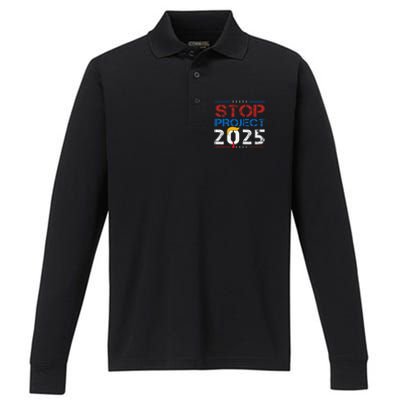 Stop Project 2025 Trumps Project Anti Trump Performance Long Sleeve Polo