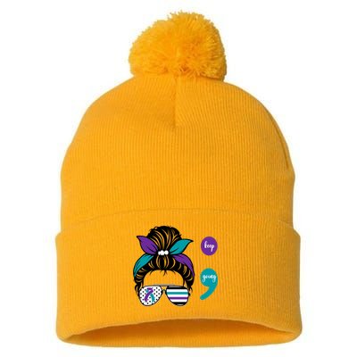 Suicide Prevention Awareness Semicolon Keep Going Messy Bun Gift Pom Pom 12in Knit Beanie