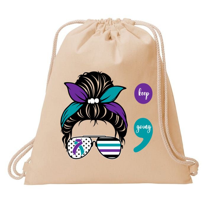 Suicide Prevention Awareness Semicolon Keep Going Messy Bun Gift Drawstring Bag