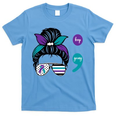 Suicide Prevention Awareness Semicolon Keep Going Messy Bun Gift T-Shirt