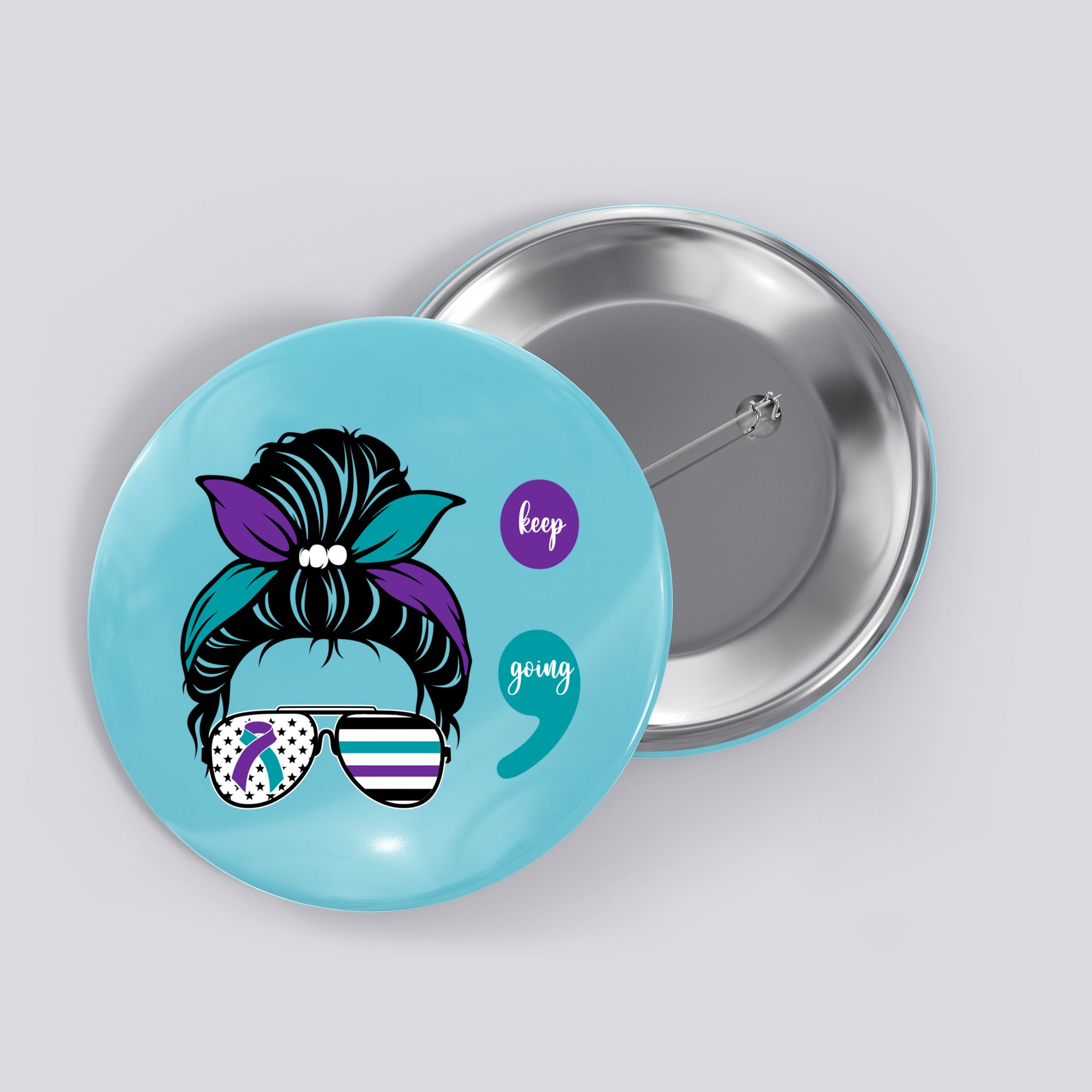 Suicide Prevention Awareness Semicolon Keep Going Messy Bun Gift Button